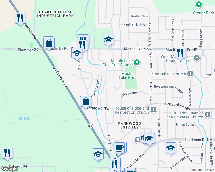 map of restaurants, bars, coffee shops, grocery stores, and more near 3202 Delia Lane Northwest in Huntsville