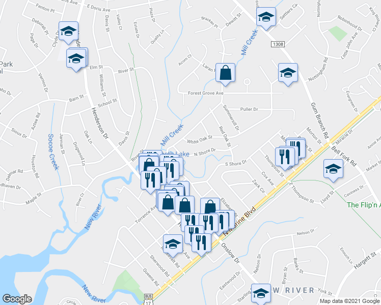 map of restaurants, bars, coffee shops, grocery stores, and more near 101 North Shore Drive in Jacksonville