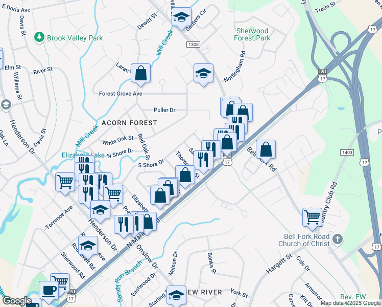 map of restaurants, bars, coffee shops, grocery stores, and more near 125 Sanders Street in Jacksonville