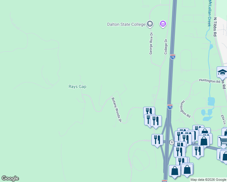 map of restaurants, bars, coffee shops, grocery stores, and more near 2310 Ravine Way in Dalton