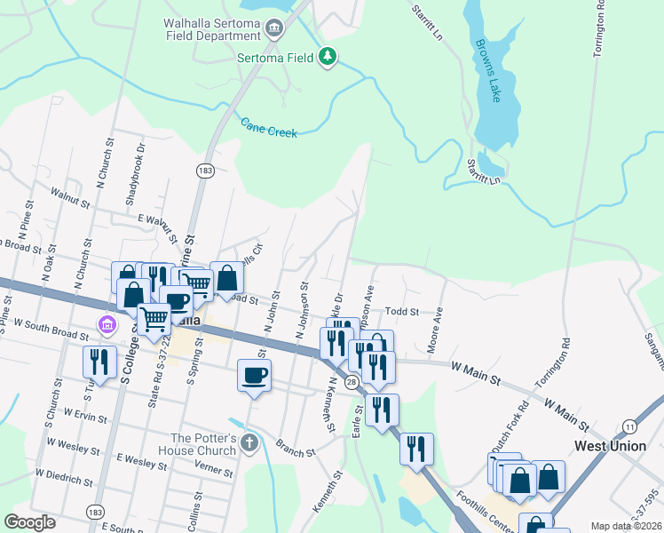 map of restaurants, bars, coffee shops, grocery stores, and more near 112 Franks Drive in Walhalla