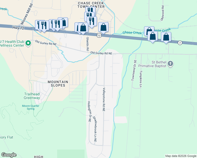 map of restaurants, bars, coffee shops, grocery stores, and more near 113 Hollington Drive Northeast in Huntsville