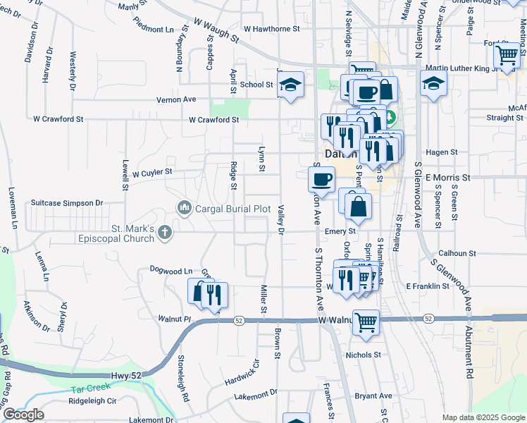 map of restaurants, bars, coffee shops, grocery stores, and more near 600 Kenilworth Court in Dalton