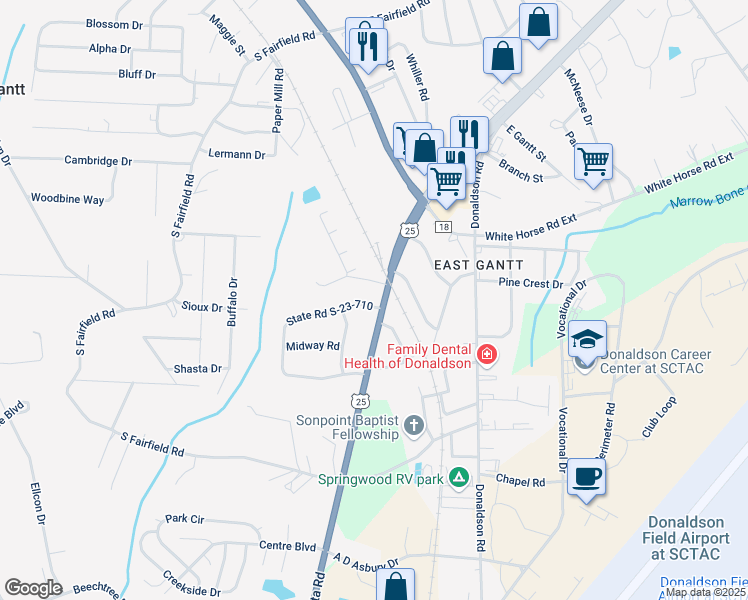 map of restaurants, bars, coffee shops, grocery stores, and more near 6416 Augusta Road in Greenville