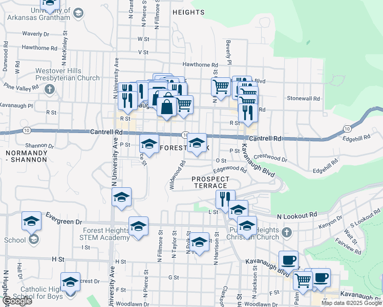 map of restaurants, bars, coffee shops, grocery stores, and more near 1600 North Tyler Street in Little Rock