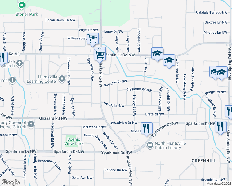 map of restaurants, bars, coffee shops, grocery stores, and more near 3211 Howard Street Northwest in Huntsville