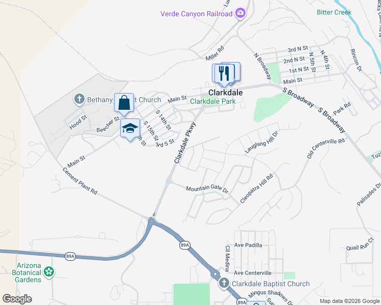 map of restaurants, bars, coffee shops, grocery stores, and more near 786 Flat Iron Road in Clarkdale