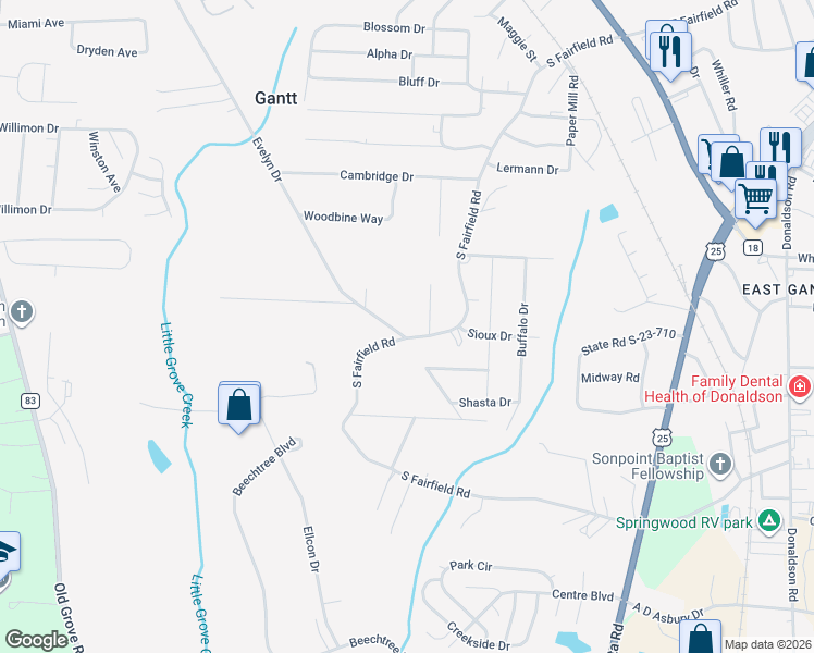 map of restaurants, bars, coffee shops, grocery stores, and more near 37 Evelyn Drive in Greenville