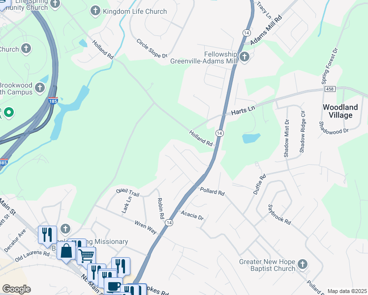 map of restaurants, bars, coffee shops, grocery stores, and more near 28 Slow Creek Drive in Simpsonville