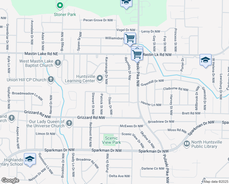 map of restaurants, bars, coffee shops, grocery stores, and more near 3612 Chalmers Avenue Northwest in Huntsville