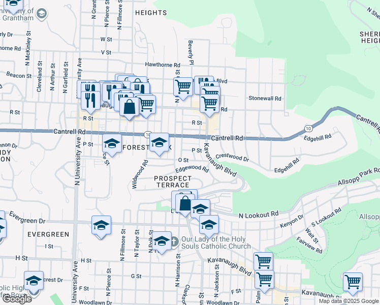 map of restaurants, bars, coffee shops, grocery stores, and more near 1620 Blair Street in Little Rock