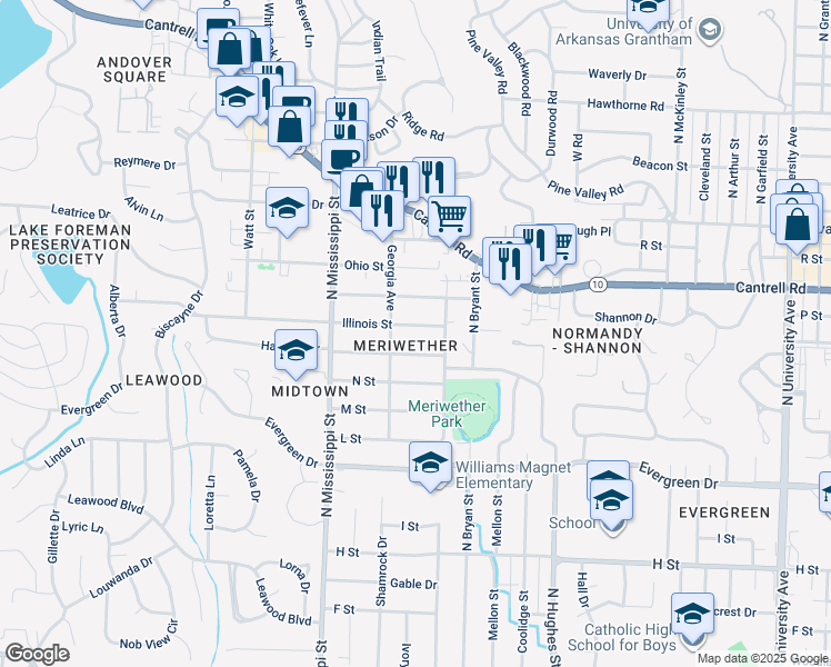 map of restaurants, bars, coffee shops, grocery stores, and more near 7219 Illinois Street in Little Rock