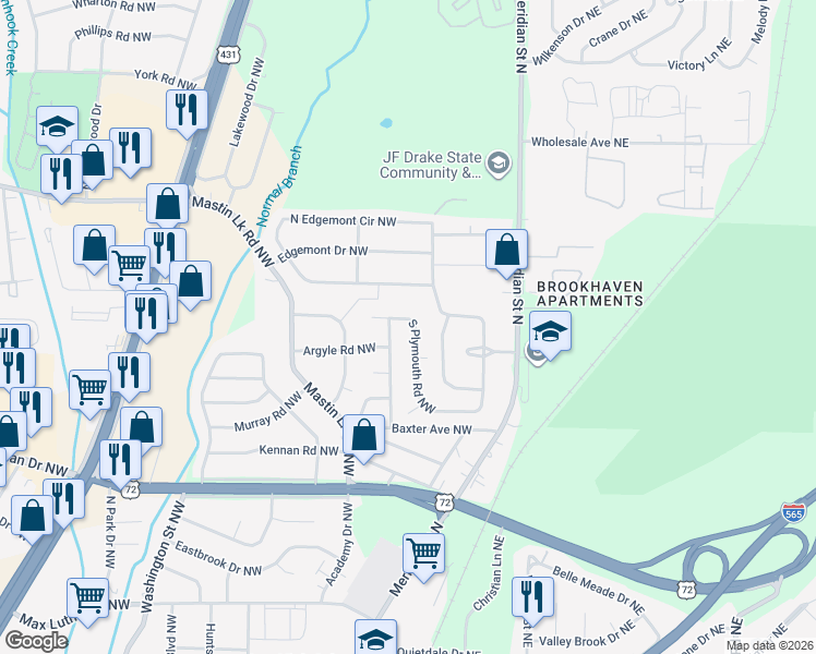 map of restaurants, bars, coffee shops, grocery stores, and more near 431 South Plymouth Road Northwest in Huntsville