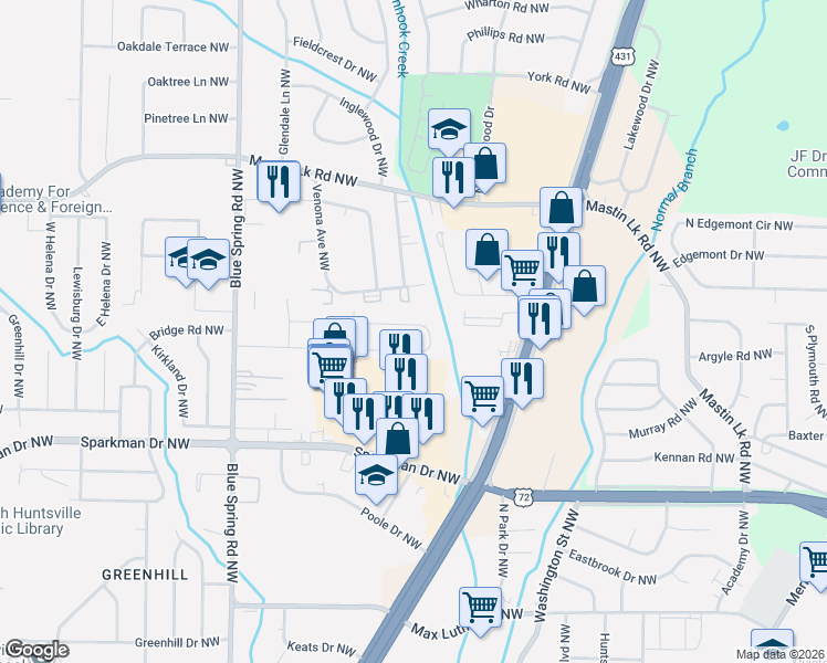 map of restaurants, bars, coffee shops, grocery stores, and more near 2432 Mount Vernon Road Northwest in Huntsville