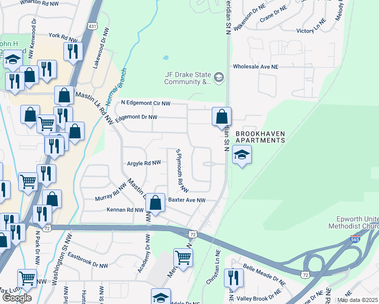 map of restaurants, bars, coffee shops, grocery stores, and more near 237 Richmond Drive Northwest in Huntsville