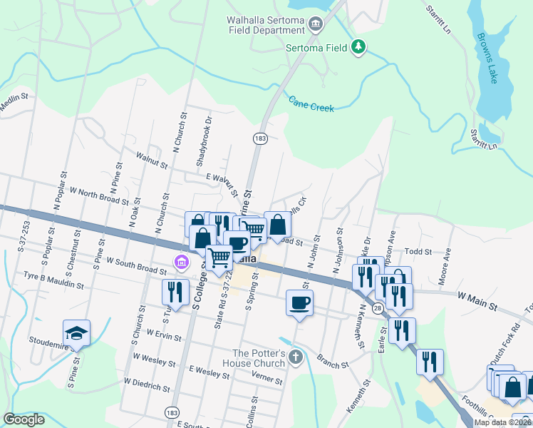 map of restaurants, bars, coffee shops, grocery stores, and more near Springview Drive in Oconee County