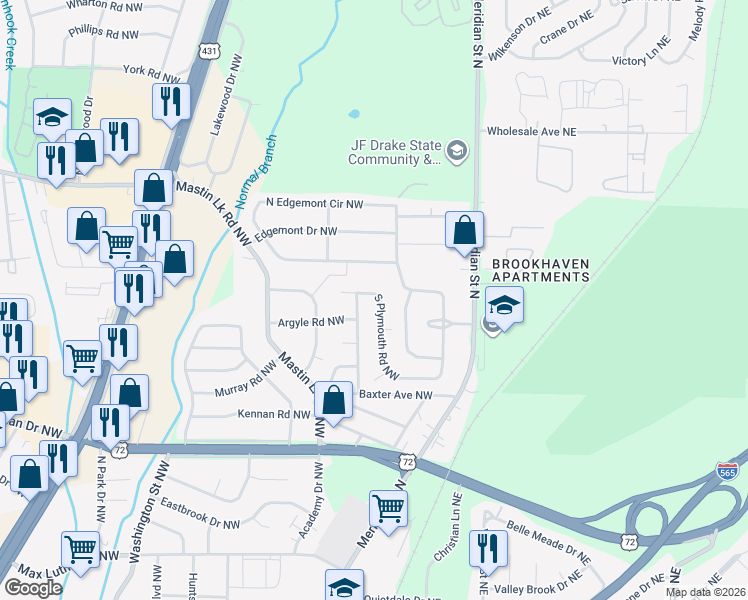 map of restaurants, bars, coffee shops, grocery stores, and more near 431 South Plymouth Road Northwest in Huntsville