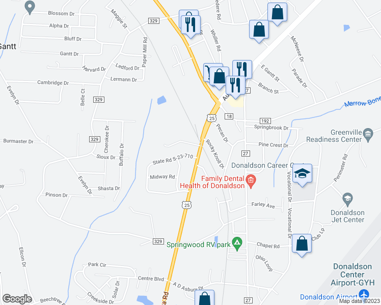 map of restaurants, bars, coffee shops, grocery stores, and more near 2 North Wingate Road in Greenville