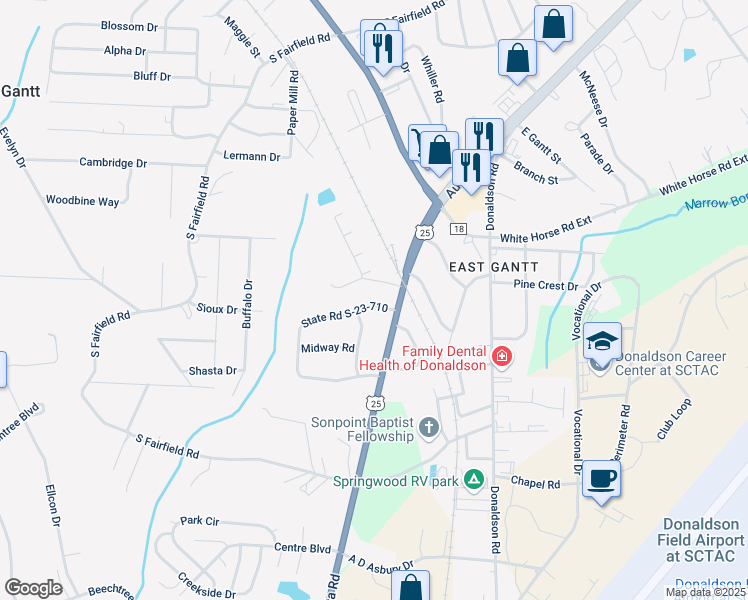 map of restaurants, bars, coffee shops, grocery stores, and more near 6416 Augusta Road in Greenville