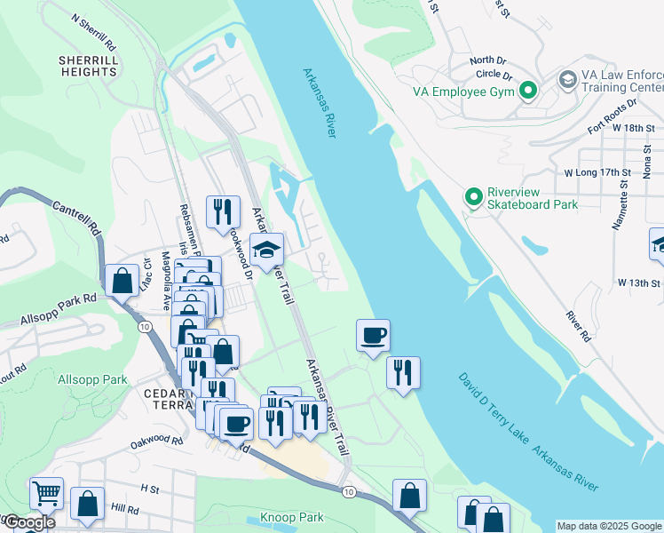 map of restaurants, bars, coffee shops, grocery stores, and more near 6 Rivermist Circle in Little Rock
