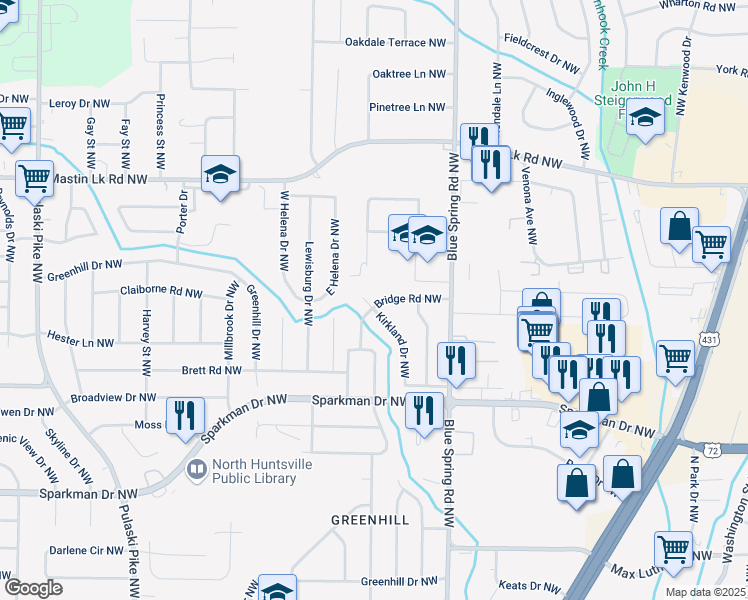 map of restaurants, bars, coffee shops, grocery stores, and more near 2622 Bridge Road Northwest in Huntsville