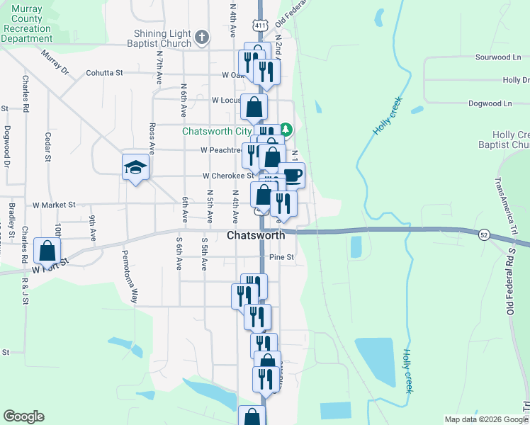 map of restaurants, bars, coffee shops, grocery stores, and more near 116 North 3rd Avenue in Chatsworth