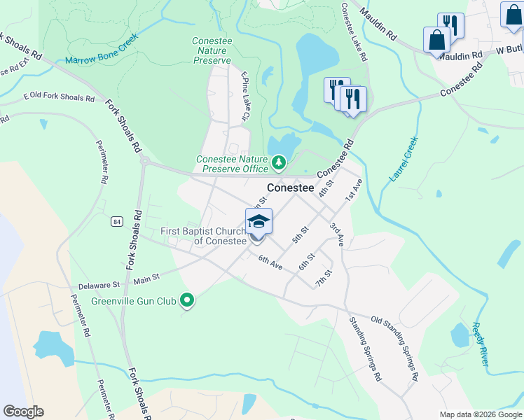 map of restaurants, bars, coffee shops, grocery stores, and more near 74 Main Street in Greenville