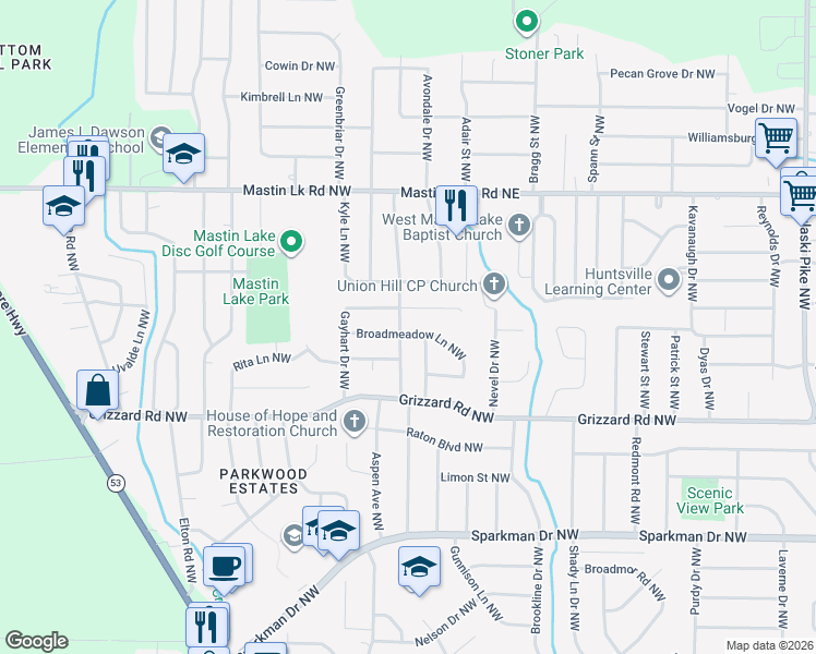 map of restaurants, bars, coffee shops, grocery stores, and more near 4644 Broadmeadow Lane Northwest in Huntsville