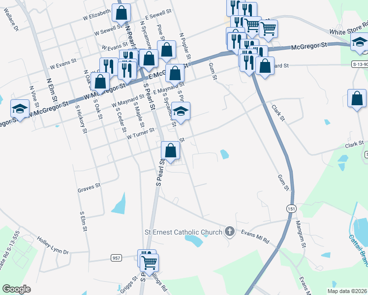map of restaurants, bars, coffee shops, grocery stores, and more near 507 South Sycamore Street in Pageland