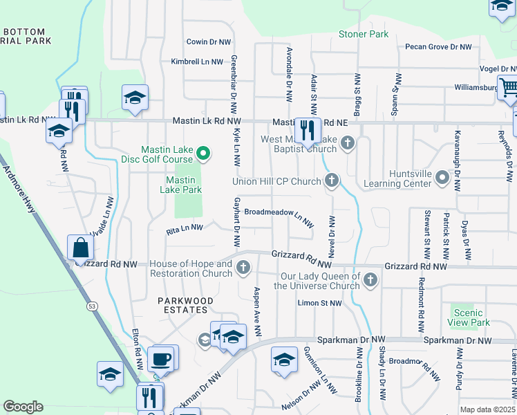 map of restaurants, bars, coffee shops, grocery stores, and more near 4704 Broadmeadow Lane Northwest in Huntsville