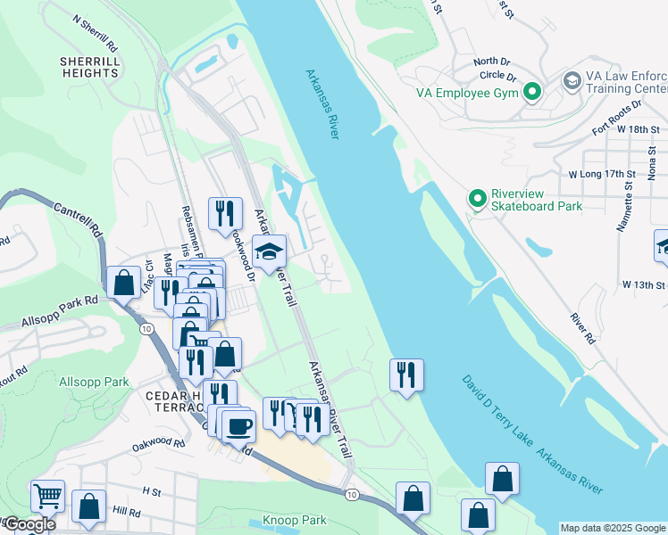 map of restaurants, bars, coffee shops, grocery stores, and more near 6 Rivermist Circle in Little Rock