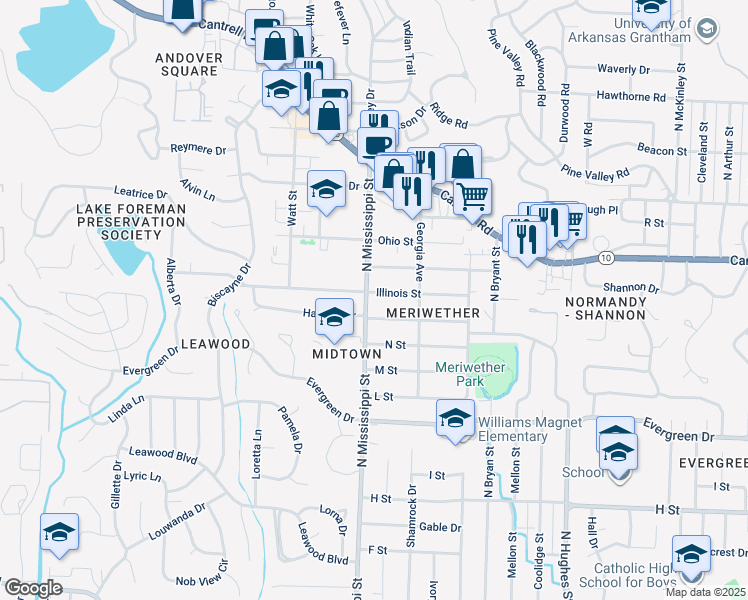 map of restaurants, bars, coffee shops, grocery stores, and more near 1619 North Mississippi Street in Little Rock