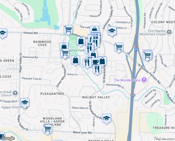 map of restaurants, bars, coffee shops, grocery stores, and more near 1501 Merrill Drive in Little Rock
