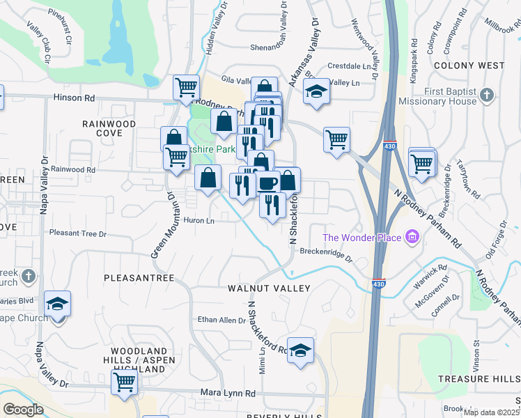 map of restaurants, bars, coffee shops, grocery stores, and more near 1501 Merrill Drive in Little Rock