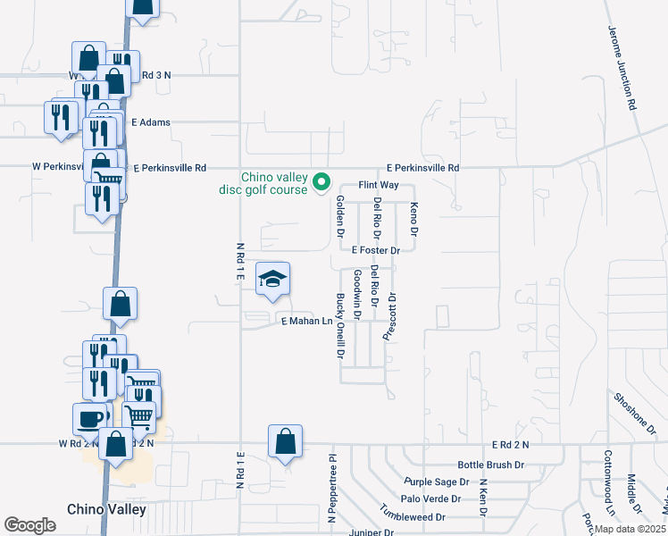 map of restaurants, bars, coffee shops, grocery stores, and more near 1443 Bucky Oneill Drive in Chino Valley