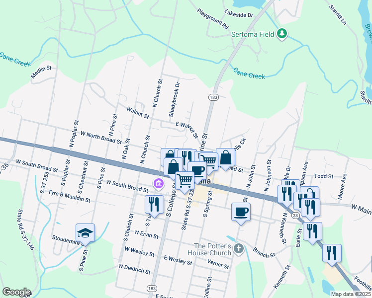 map of restaurants, bars, coffee shops, grocery stores, and more near 101 East North Broad Street in Walhalla