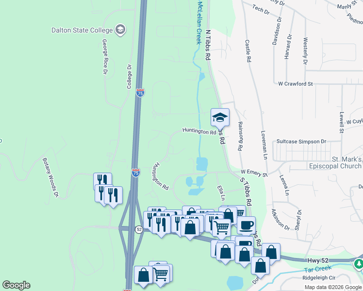 map of restaurants, bars, coffee shops, grocery stores, and more near 1883 Huntington Road in Dalton