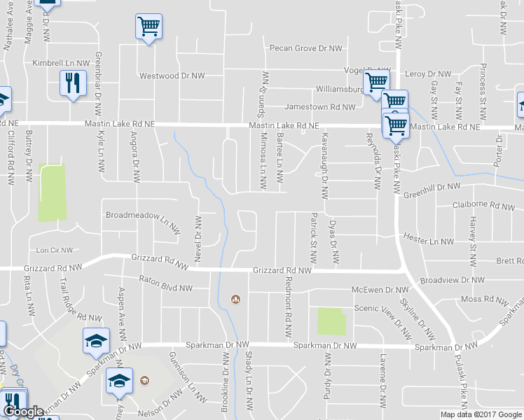 map of restaurants, bars, coffee shops, grocery stores, and more near 3122 Las Animas Avenue Northwest in Huntsville