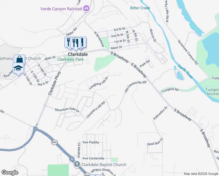 map of restaurants, bars, coffee shops, grocery stores, and more near 407 McKinnon Road in Clarkdale