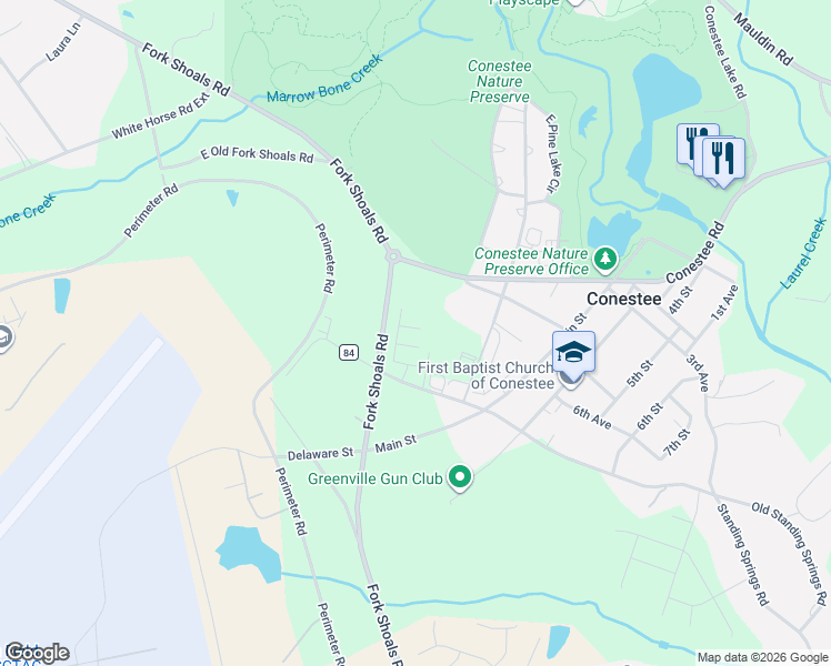 map of restaurants, bars, coffee shops, grocery stores, and more near 20 Business Park Court in Greenville
