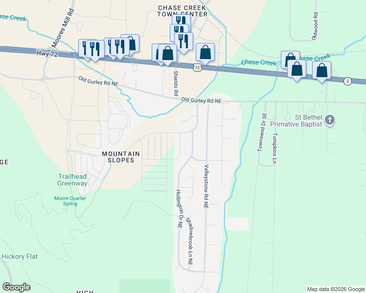 map of restaurants, bars, coffee shops, grocery stores, and more near 108 Bridgestone Drive Northeast in Huntsville