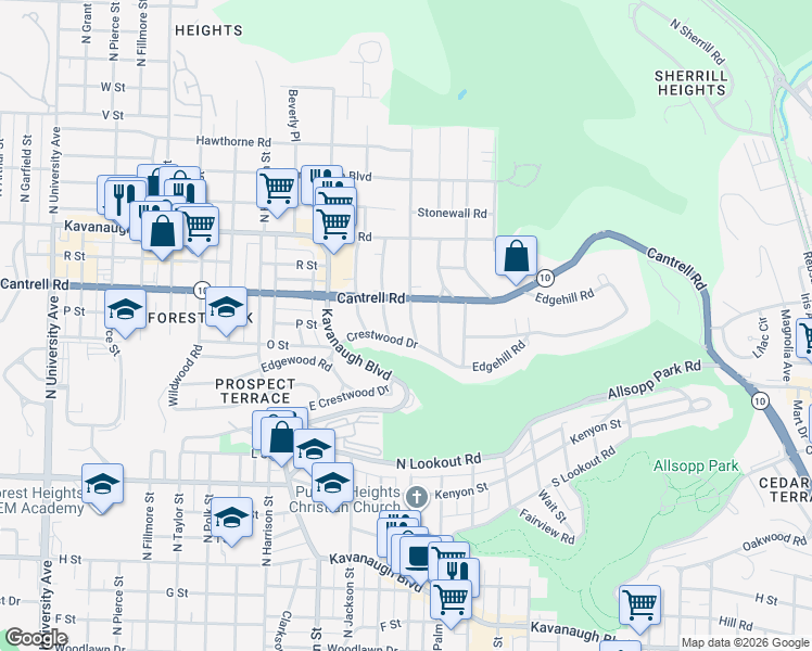 map of restaurants, bars, coffee shops, grocery stores, and more near 1714 North Spruce Street in Little Rock