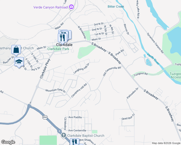 map of restaurants, bars, coffee shops, grocery stores, and more near 407 McKinnon Road in Clarkdale