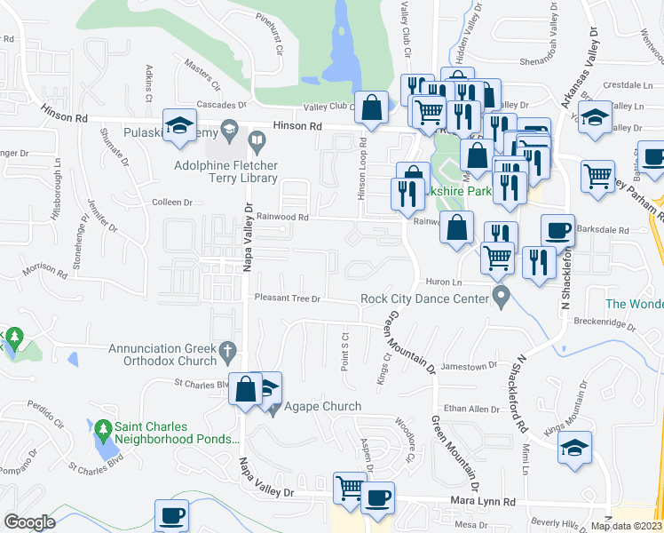 map of restaurants, bars, coffee shops, grocery stores, and more near 4 Pickering Drive in Little Rock