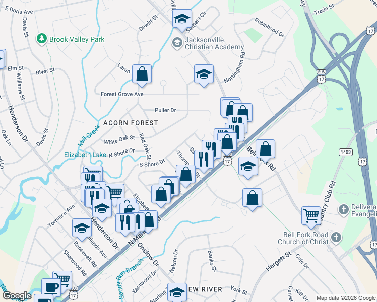 map of restaurants, bars, coffee shops, grocery stores, and more near 125 Sanders Street in Jacksonville