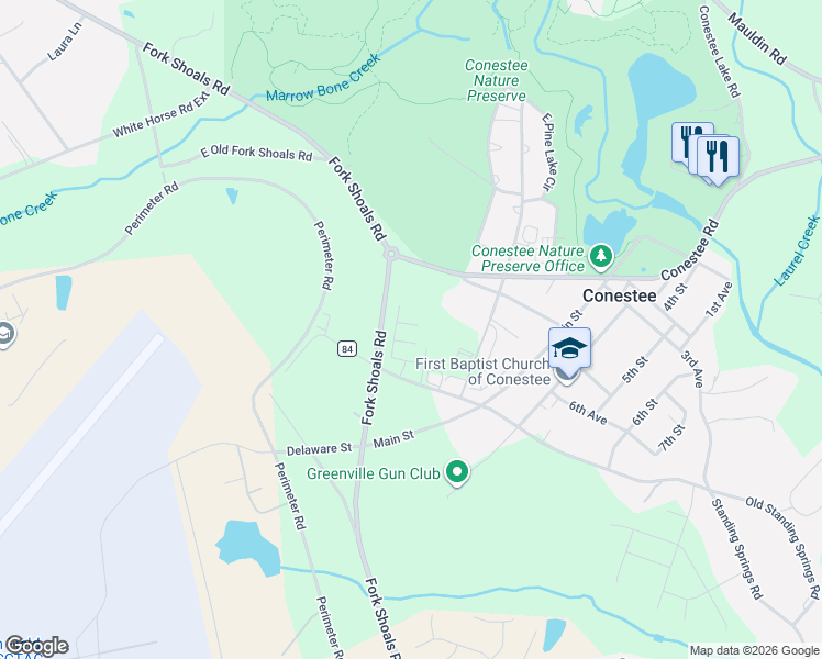 map of restaurants, bars, coffee shops, grocery stores, and more near 20 Business Park Court in Greenville