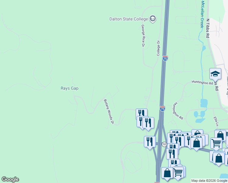 map of restaurants, bars, coffee shops, grocery stores, and more near 2547-2599 North Ravine Way in Dalton