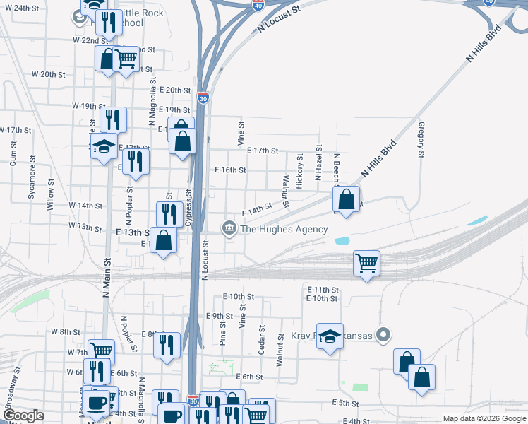 map of restaurants, bars, coffee shops, grocery stores, and more near 824 East 14th Street in North Little Rock