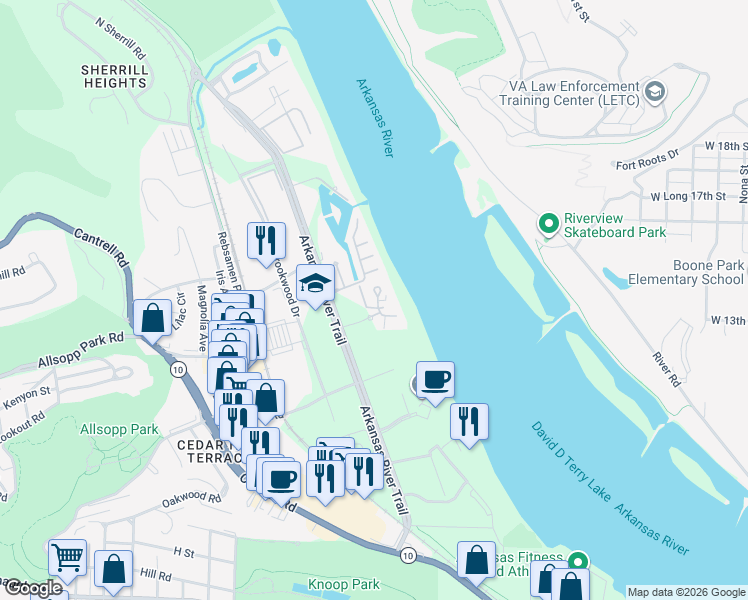 map of restaurants, bars, coffee shops, grocery stores, and more near 6 Rivermist Circle in Little Rock