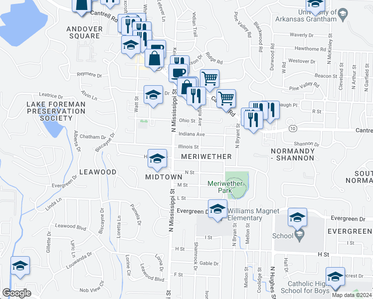 map of restaurants, bars, coffee shops, grocery stores, and more near 7425 Illinois Street in Little Rock